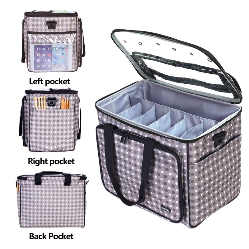 Teamoy Yarn Storage, Crochet Bag Organizer with Yarn Holes, Knitting Bag for Hooks, Knitting Needles(Up to 14"), Project and Supplies, Gray Dots - Image 5